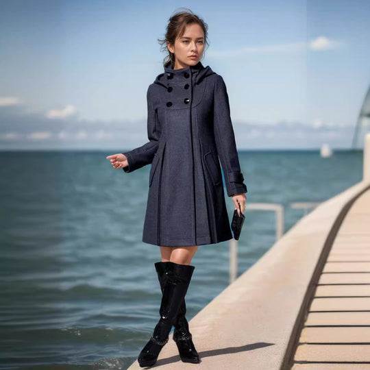 Damen eleganter Wollmantel mit modernem Kragen und praktischen Taschen EB