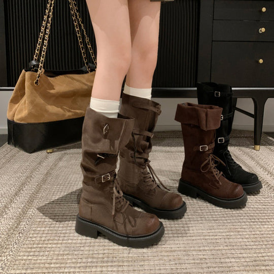 Damen Modische Overknee-Stiefel mit robustem Plateau und dekorativen Schnallen EB