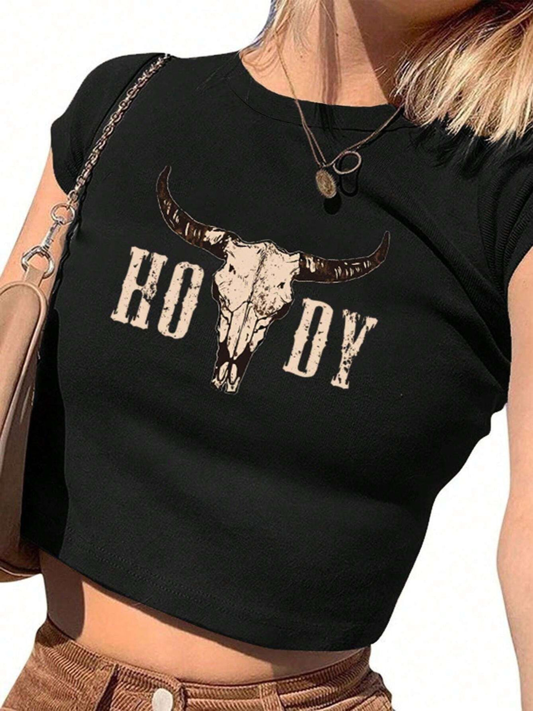 Damen Crop-T-Shirt mit kreativen Cow Skull Design EB