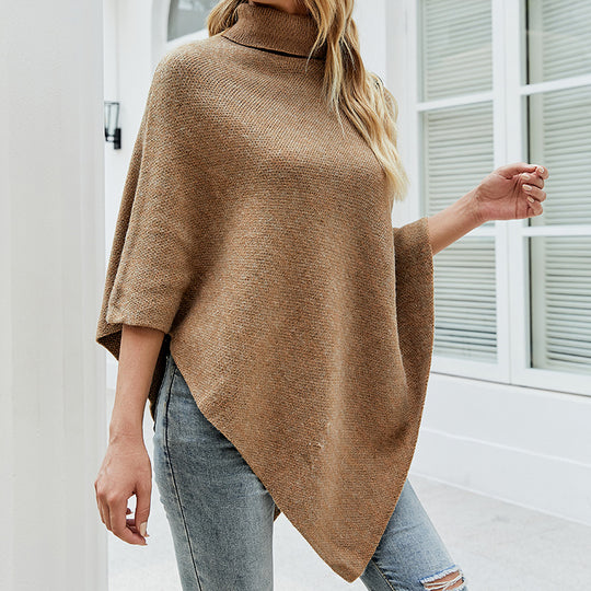 Damen Strickponcho mit hohem Kragen und dekorativen Knöpfen EB