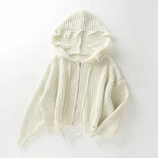 Damen lockerer Strickhoodie mit Übergroßer Kapuze und Fransen EB