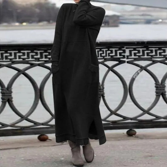 Damen nan langes Strickmaxikleid mit Seitenschlitzen und aufgesetzten Taschen EB