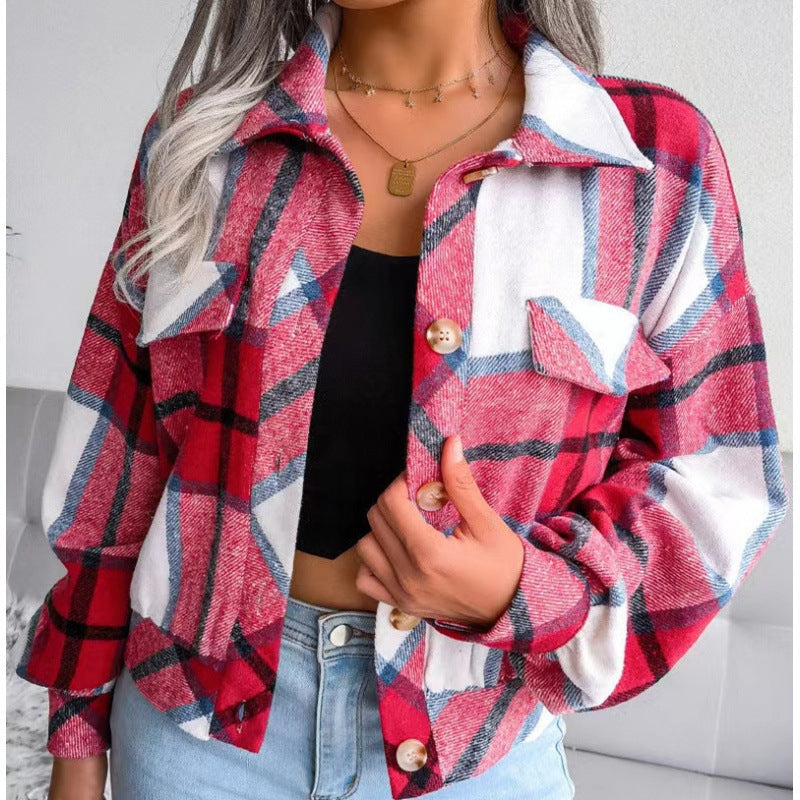 Damen karierte Flanelljacke mit Knopfverschluss und Brusttasche EB