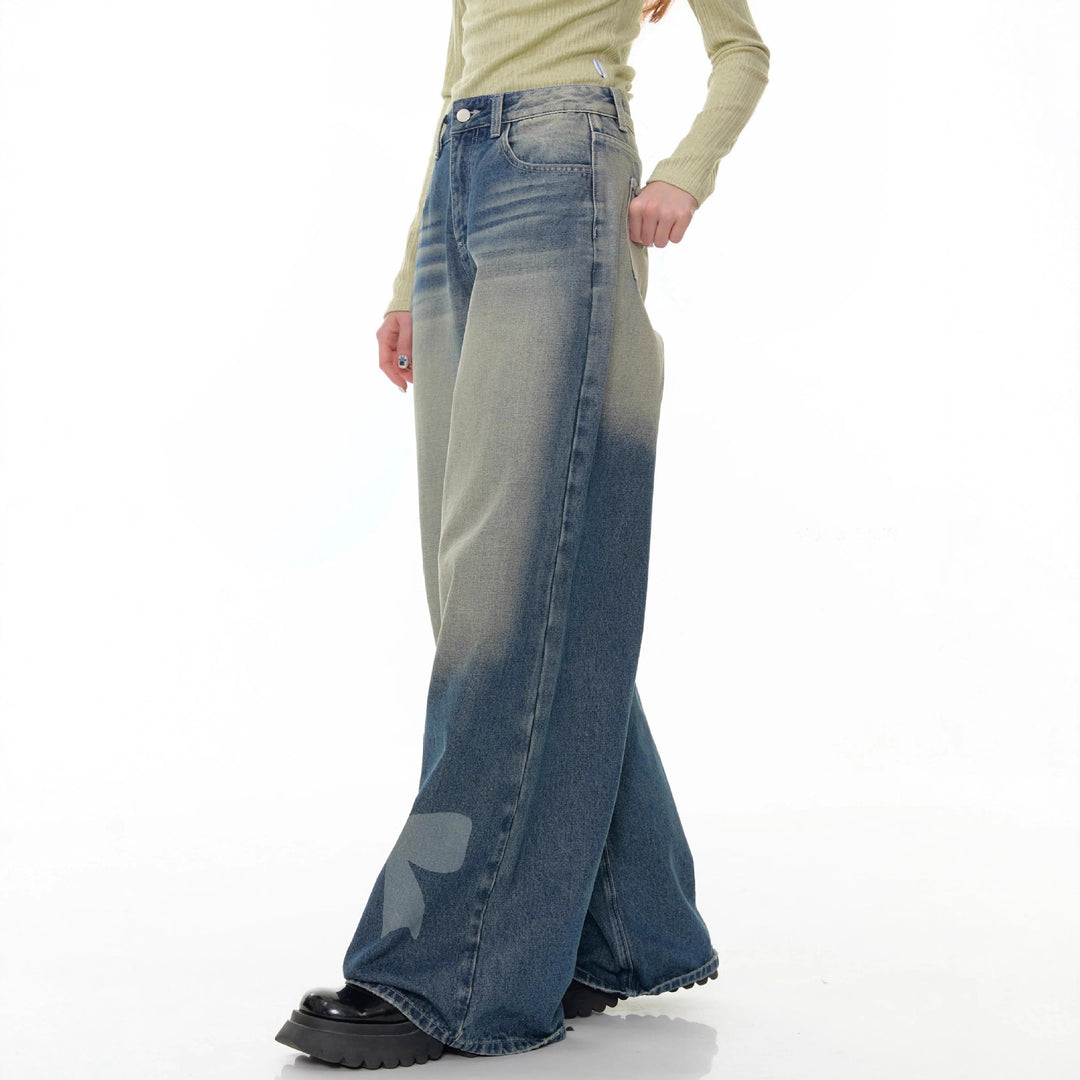 Damen nan hochtaillierte Palazzohose aus Denim mit extra weitem Bein und Schleifenprint EB