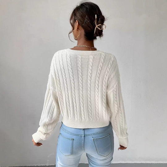 Damen Grobstrickpullover mit V-Ausschnitt und voluminösen Ärmeln EB