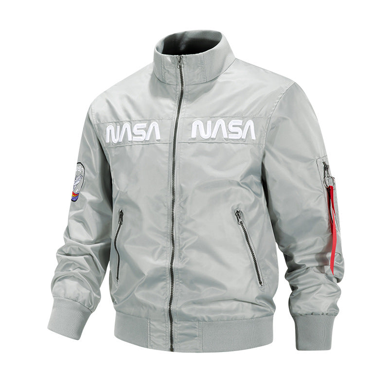 Men's  metallic pilot-style zip-up bomber jacket with embroidered chest panels and angled zip hand pockets EB