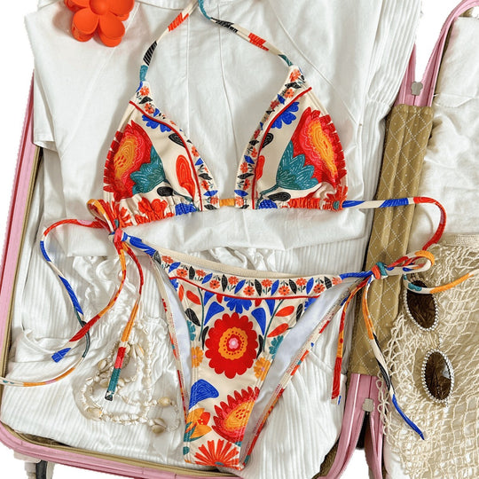 Damen Triangel-Bikini mit floralen Mustern und hochwertigen Bindebändern EB