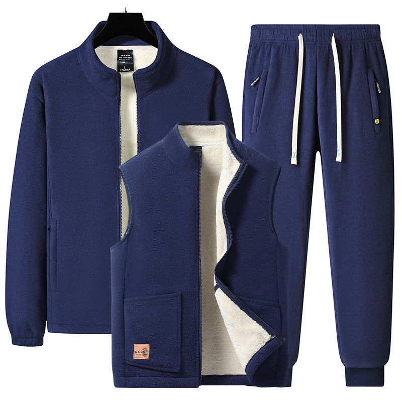 Herren dreiteiliges Fleece-Set mit wattierter Weste, Stehkragenjacke und Jogginghose EB