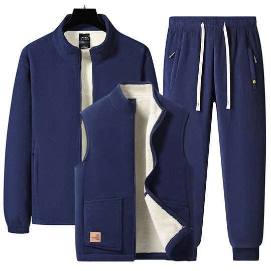 Herren dreiteiliges Fleece-Set mit wattierter Weste, Stehkragenjacke und Jogginghose EB