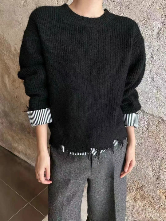 Damen Grob gestrickter Pullover mit einzigartigen Kontrastarmabschlüssen und lässigem Schnitt EB
