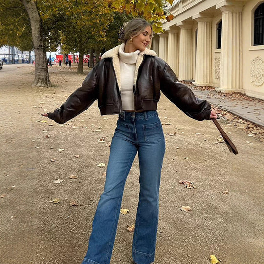 Damen cropped Kunstlederjacke mit Innenfutter aus Plüsch EB