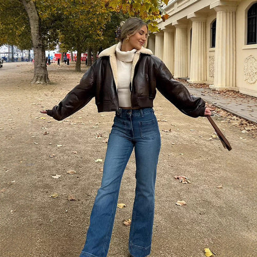 Damen cropped Kunstlederjacke mit Innenfutter aus Plüsch EB