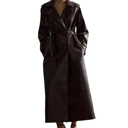 Damen Trenchcoat aus hochwertigem Kunstleder mit taillierbarem Gürtel EB