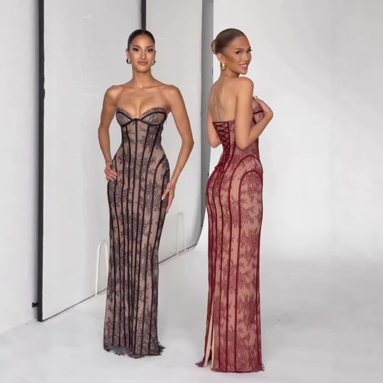 Damen figurbetontes Spitzenkleid mit schulterfreiem Design und elegantem Taillenschnitt EB