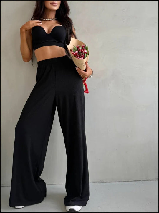 Damen weite High-Waist Palazzo-Hose aus geripptem Jersey mit elastischem Bund EB