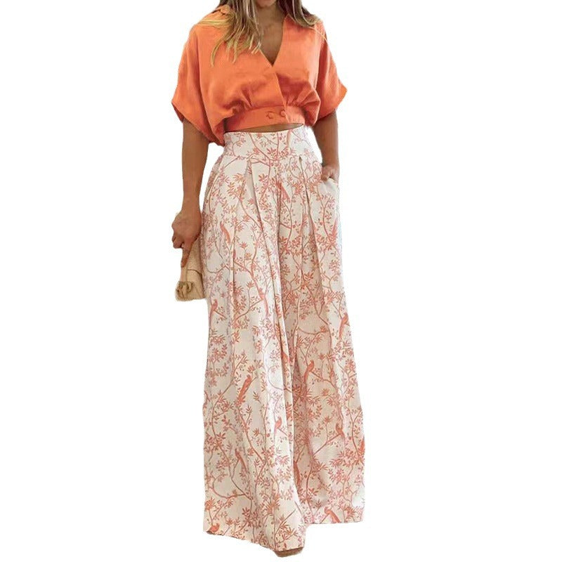 Damen luftiges Cropped-Oberteil mit elegantem Rundhalsausschnitt und dazu passender, weiten Hose EB