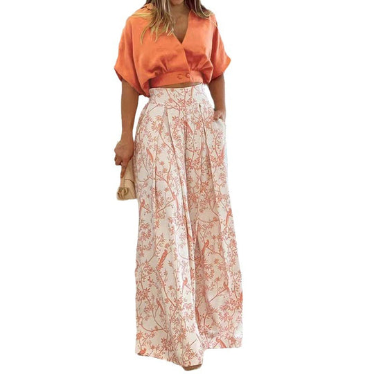 Damen luftiges Cropped-Oberteil mit elegantem Rundhalsausschnitt und dazu passender, weiten Hose EB