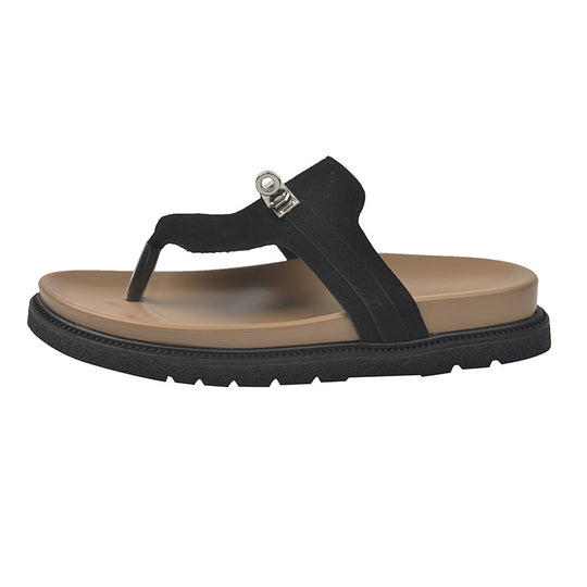 Damen Komfortable Zehentrenner-Sandalen mit ergonomischem Fußbett und dekorativer Schnalle EB