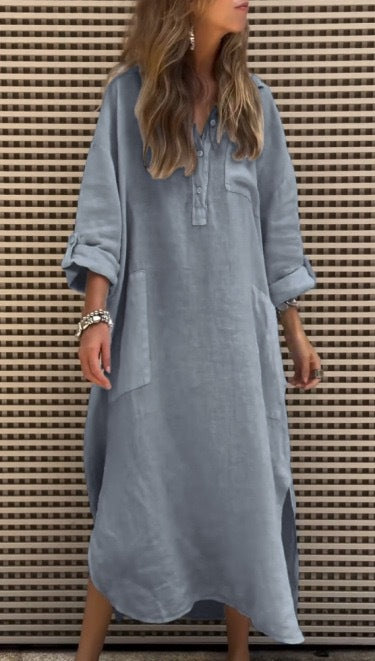 Damen Lässiges Midikleid mit praktischen Taschen und hohen Seitenschlitzen EB
