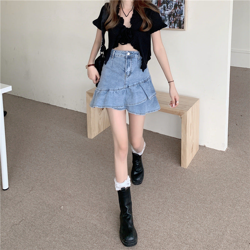 Damen Jeansrock mit voluminösem Rüschensaum und knopfbarem Bund EB