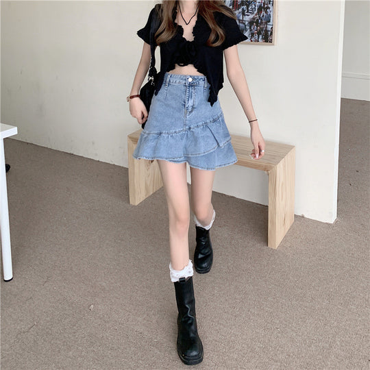 Damen Jeansrock mit voluminösem Rüschensaum und knopfbarem Bund EB