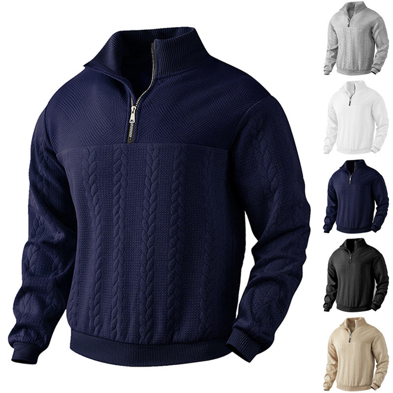 Herren nan texturierter Strickpullover mit Halbzip, geflochtenem Zopfmuster und hohem Stehkragen EB