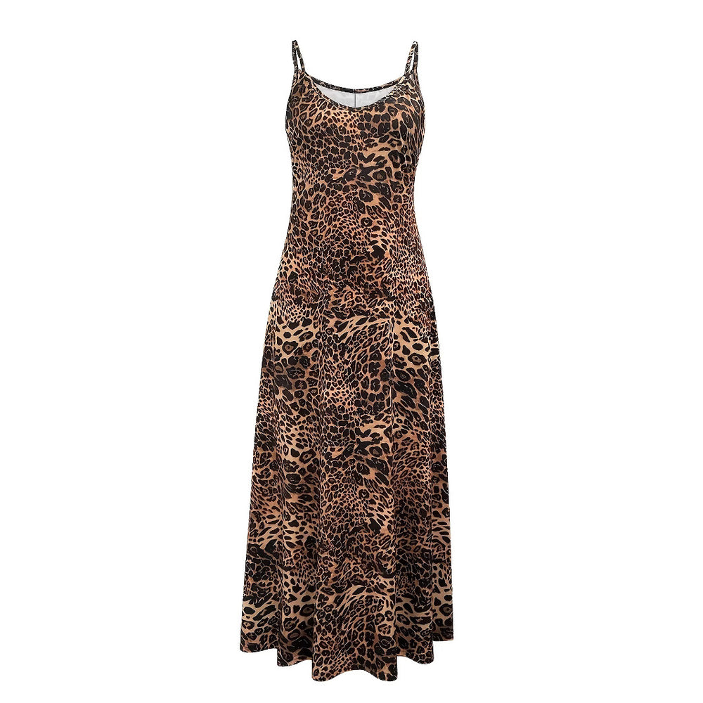Damen Maxikleid mit Spaghetti-Trägern und asymmetrischem Tiermuster EB