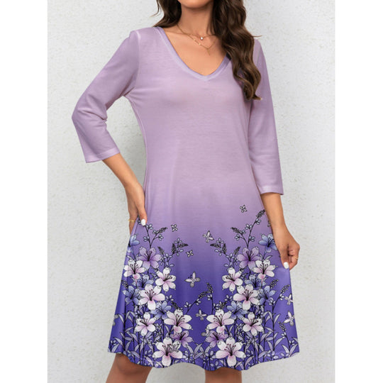 Damen V-Ausschnitt Sommerkleid mit floralem Aquarell-Design und ¾-Ärmeln EB