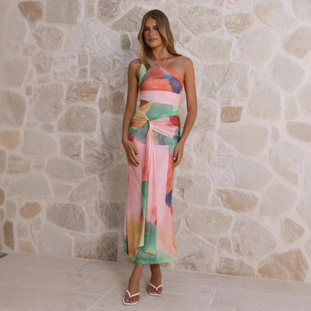 Damen Wickel-Maxikleid mit asymmetrischem Träger und floralen Akzenten EB