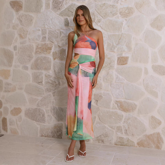 Damen Wickel-Maxikleid mit asymmetrischem Träger und floralen Akzenten EB