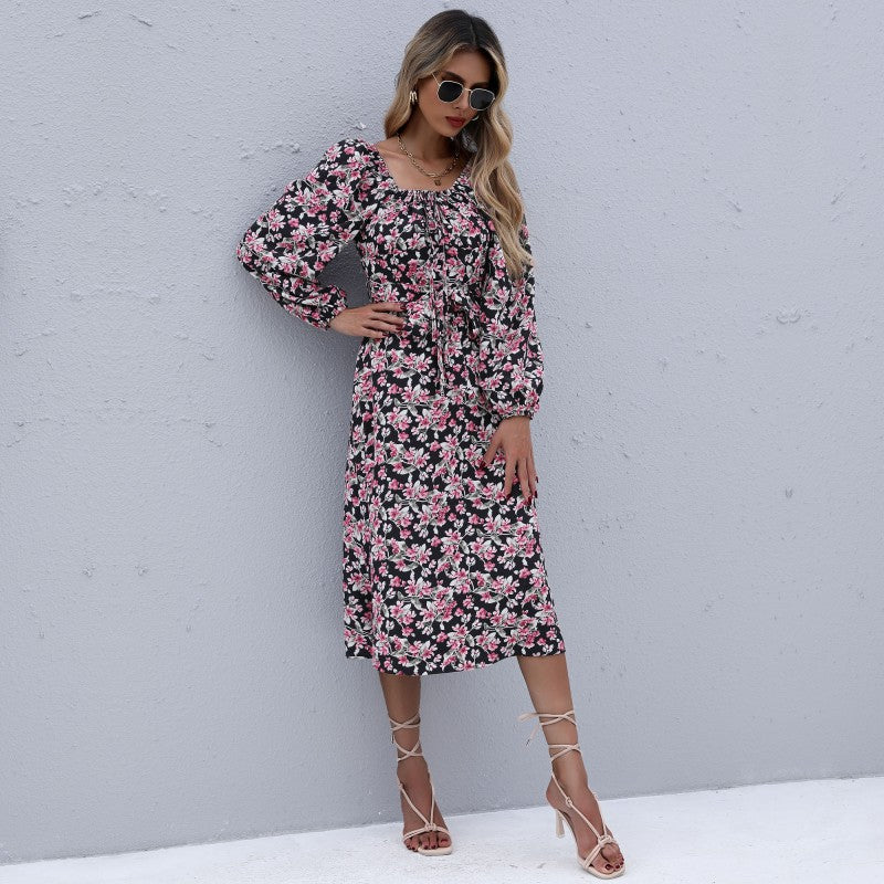 Damen Maxikleid mit floralen Raffungen und schmalem Taillengürtel EB