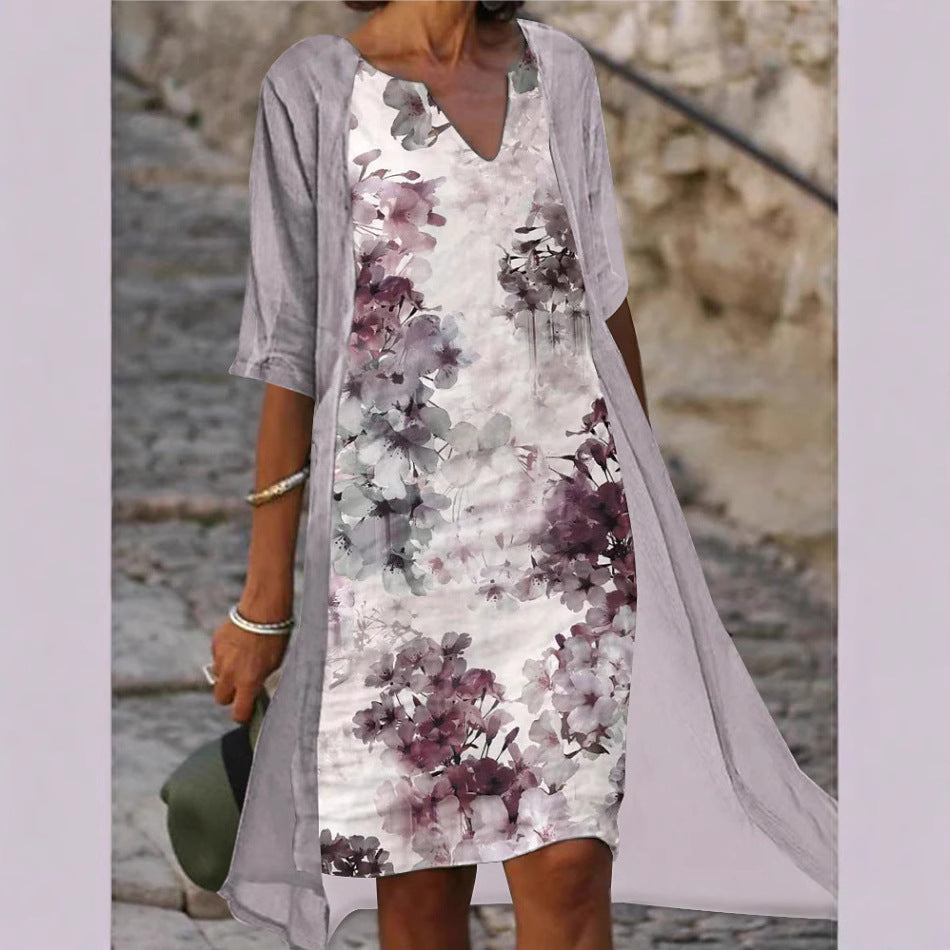 Damen Freizeitkleid mit floralem Design und tiefem V-Ausschnitt EB