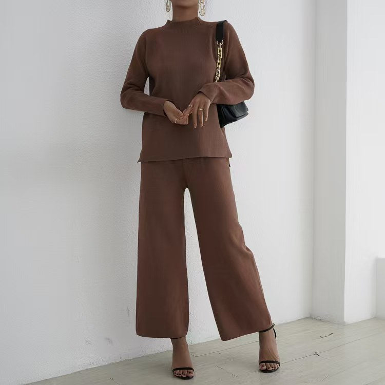 Damen elegantes und lässiges Strick-Loungewear-Set mit hohem Kragen und weiten Beinen EB