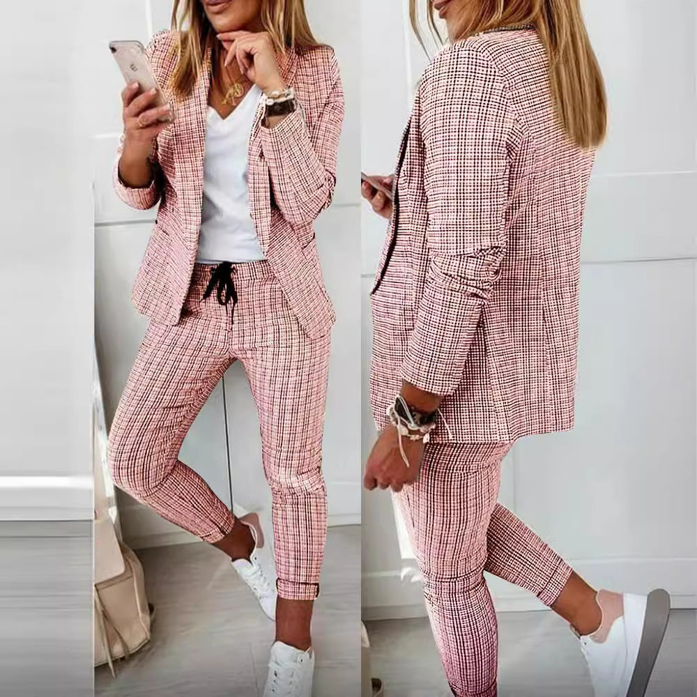 Damen nan zweiteiliges Karomuster Business-Casual Blazer-Set mit elastischer Bundhose EB