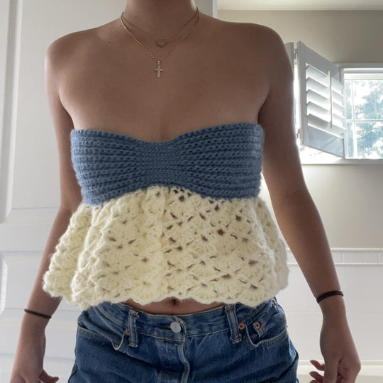 Damen gehäkeltes Bandeau-Oberteil mit voluminösem Saum EB