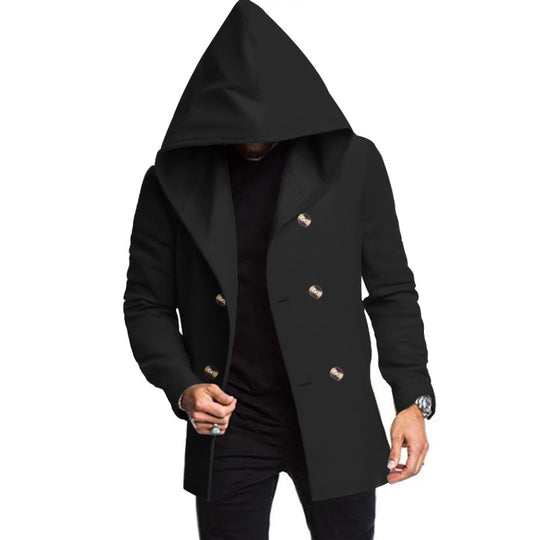 Herren modischer Mantel mit Kapuze und doppelter Knopfreihe EB