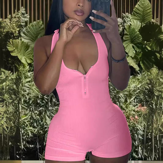 Damen Jumpsuit mit tiefem V-Ausschnitt und Reißverschluss EB
