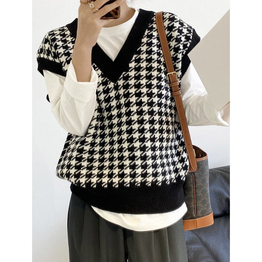 Damen modische Strickweste mit graphischem Hahnentrittmuster EB
