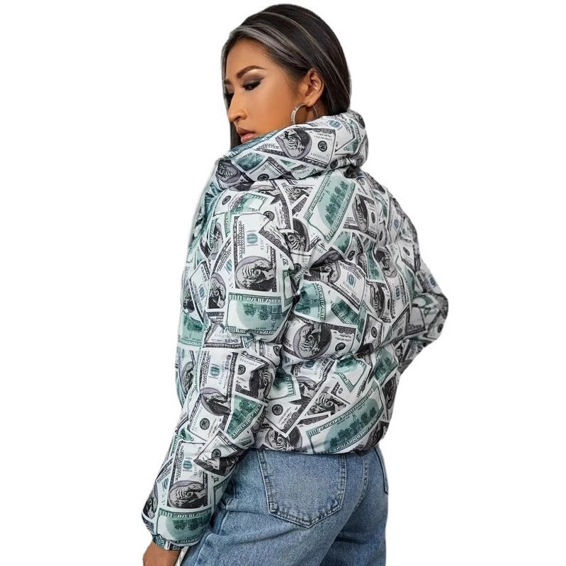 Damen modische cropped Steppjacke im Dollar-Design EB
