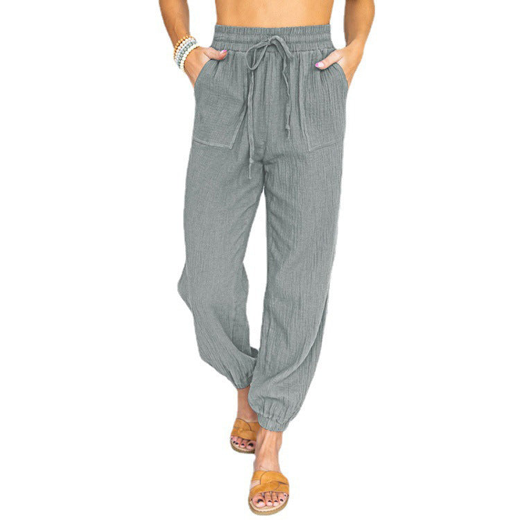 Damen nan leichte Leinenoptik Freizeit-Hose mit hohem elastischem Bund, Kordelzug, aufgesetzten Taschen und elastischen Knöchelbündchen EB