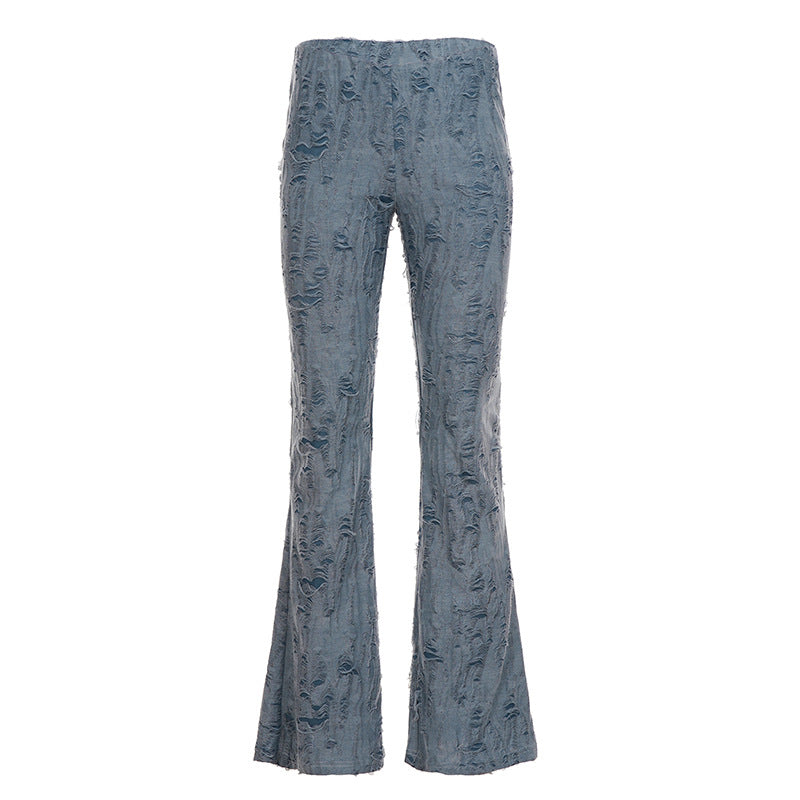 Damen nan ausgestellte Schlaghose mit hohem Bund, dehnbarer Denim-Optik und ausgefranster Destroyed-Struktur EB
