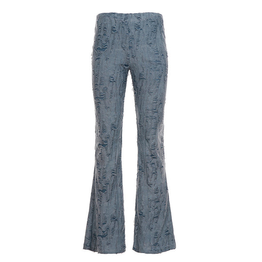 Damen nan ausgestellte Schlaghose mit hohem Bund, dehnbarer Denim-Optik und ausgefranster Destroyed-Struktur EB