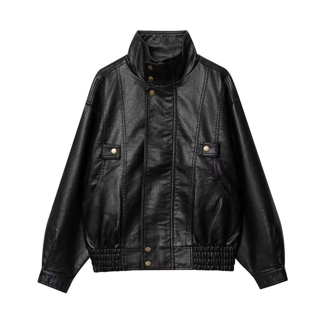 Damen lässige Kunstlederjacke mit hohem Kragen und Weitenregulierung EB