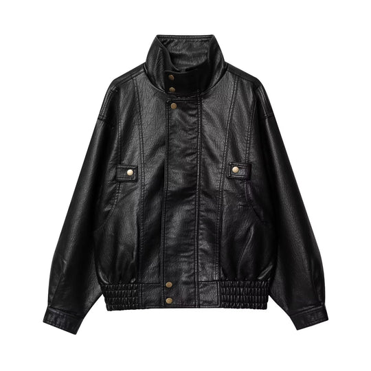 Damen lässige Kunstlederjacke mit hohem Kragen und Weitenregulierung EB