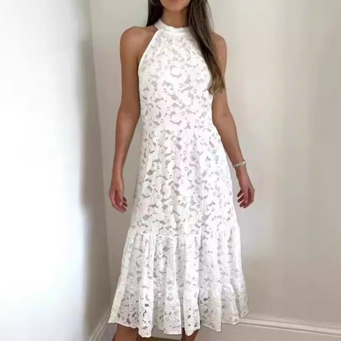 Damen Midikleid mit floralen Spitzenapplikationen und weichem Rock EB