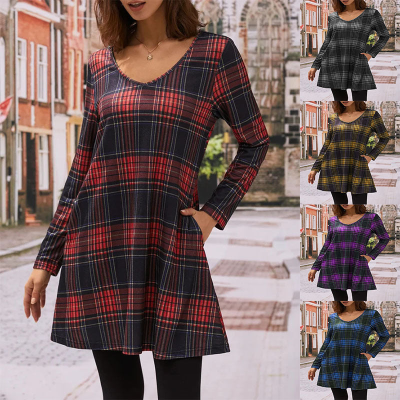 Damen Karo Freizeitkleid mit praktischen Seitentaschen EB