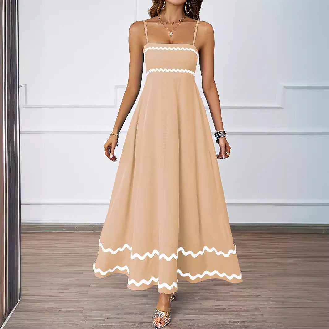Damen Lange Maxi-Kleid mit Spaghetti-Trägern und dekorativem Saum EB