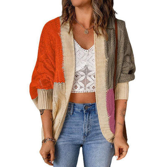 Damen lässige Strickjacke mit buntem Patchwork-Design und weitem Schnitt EB