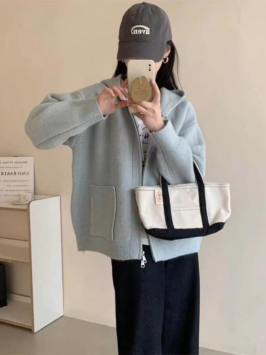 Damen Casual Oversized Strickjacke mit Kapuze und Taschen EB
