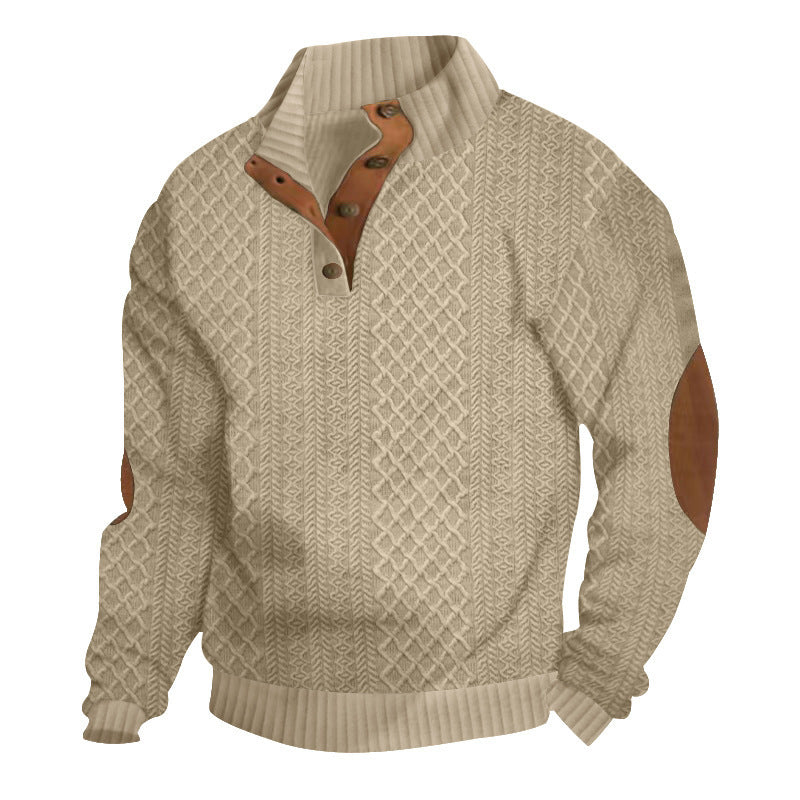 Herren Strukturiertes Zopfmuster-Henley-Pullover mit Lederbesatz an Ellbogen & Knopfleiste EB